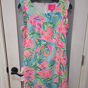 Lilly Pulitzer Sleeveless Shift Dress Size 6 Blue Pink Floral Ruffle Sleeve NWT